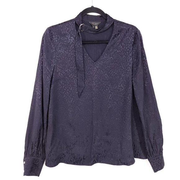 Ted Baker Satin Blouse Size 2 Dark Leopard Long Sleeve Jacquard Top Choker Neck - Picture 2 of 13
